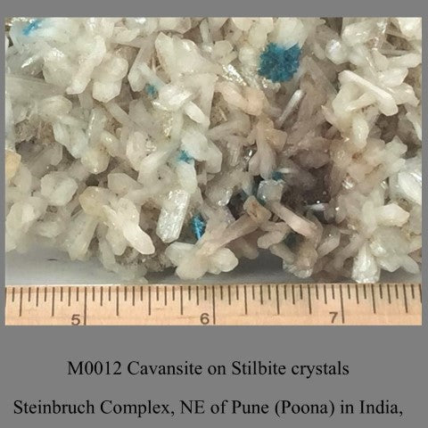 M0012 Cavansite on Stilbite crystals  Steinbruch Complex, NE of Pune (Poona) in India.