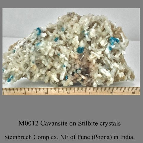 M0012 Cavansite on Stilbite crystals  Steinbruch Complex, NE of Pune (Poona) in India,