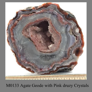 M0133 Agate Geode with Pink druzy Crystals