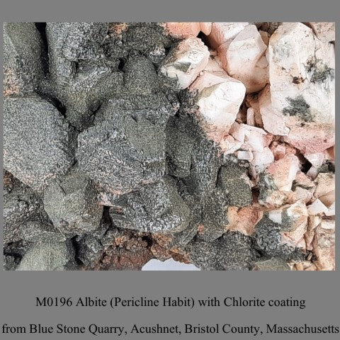 M0196 Albite (Pericline Habit) with Chlorite coating from Blue Stone Quarry, Acushnet, Bristol County, Massachusetts