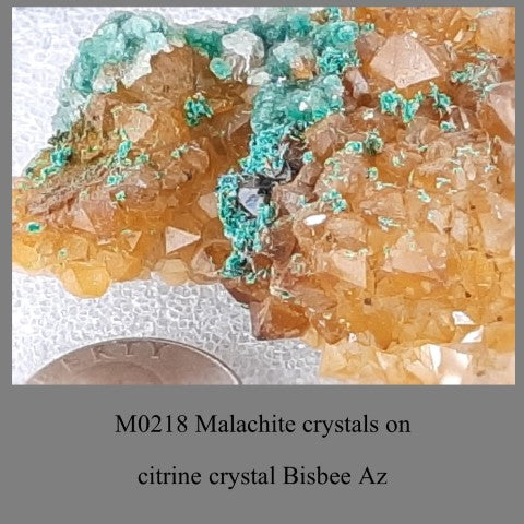 M0218 Malachite crystals on citrine crystal Bisbee Az