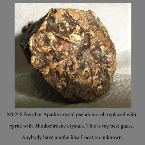 M0248 Beryl or Apatite crystal pseudomorph replaced with pyrite with Rhodochrosite crystals