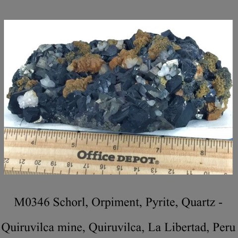 M0346 Schorl, Orpiment, Pyrite, Quartz - Quiruvilca mine, Quiruvilca, La Libertad, Peru