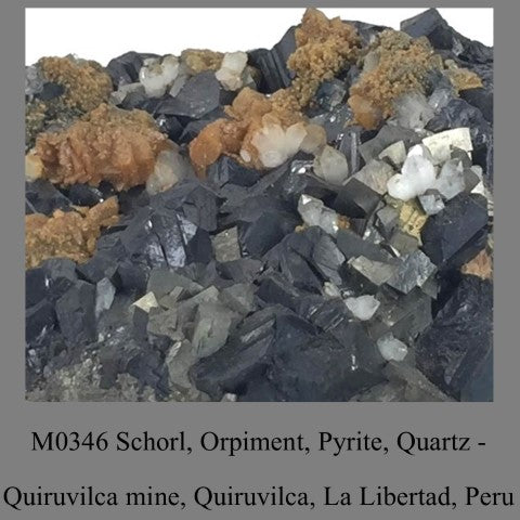 M0346 Schorl, Orpiment, Pyrite, Quartz - Quiruvilca mine, Quiruvilca, La Libertad, Peru