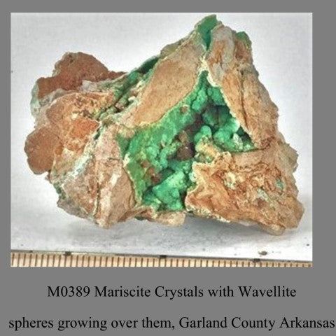 M0389 Mariscite Crystals with Wavellite spheres growing over them, Garland County Arkansas