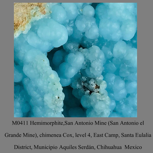 M0411 Hemimorphite San Antonio Mine (San Antonio el Grande Mine), chimenea Cox, level 4, East Camp, Santa Eulalia District, Municipio Aquiles Serdán, Chihuahua  Mexico