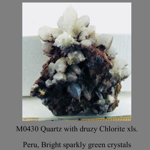 M0430 Quartz with druzy Chlorite xls. Peru, Bright sparkly green crystals
