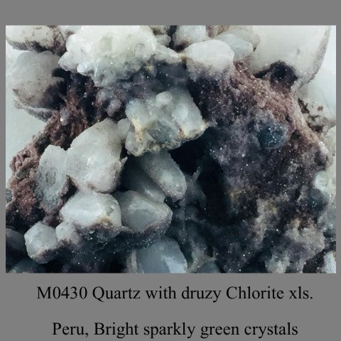 M0430 Quartz with druzy Chlorite xls. Peru, Bright sparkly green crystals