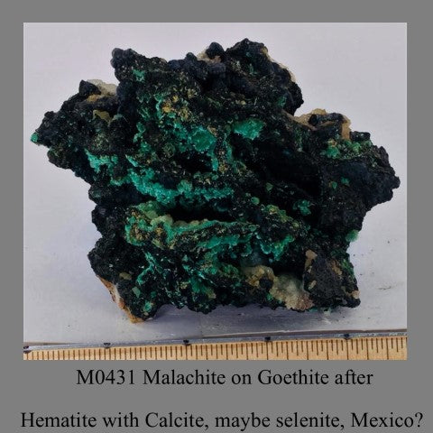 M0431 Malachite on Goethite after Hematite with Calcite, maybe selenite, Mexico
