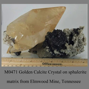 M0471 Golden Calcite Crystal on sphaleritematrix from Elmwood Mine Tennessee