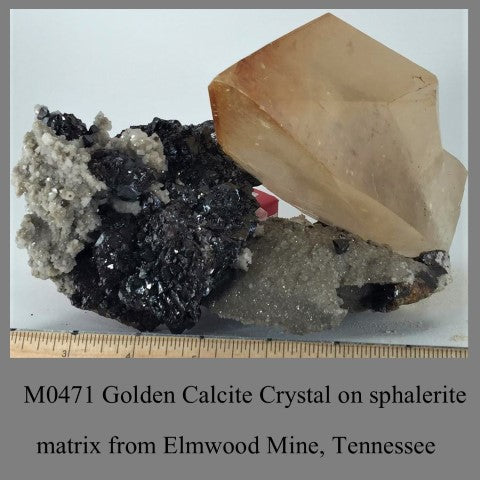 M0471 Golden Calcite Crystal on sphaleritematrix from Elmwood Mine Tennessee